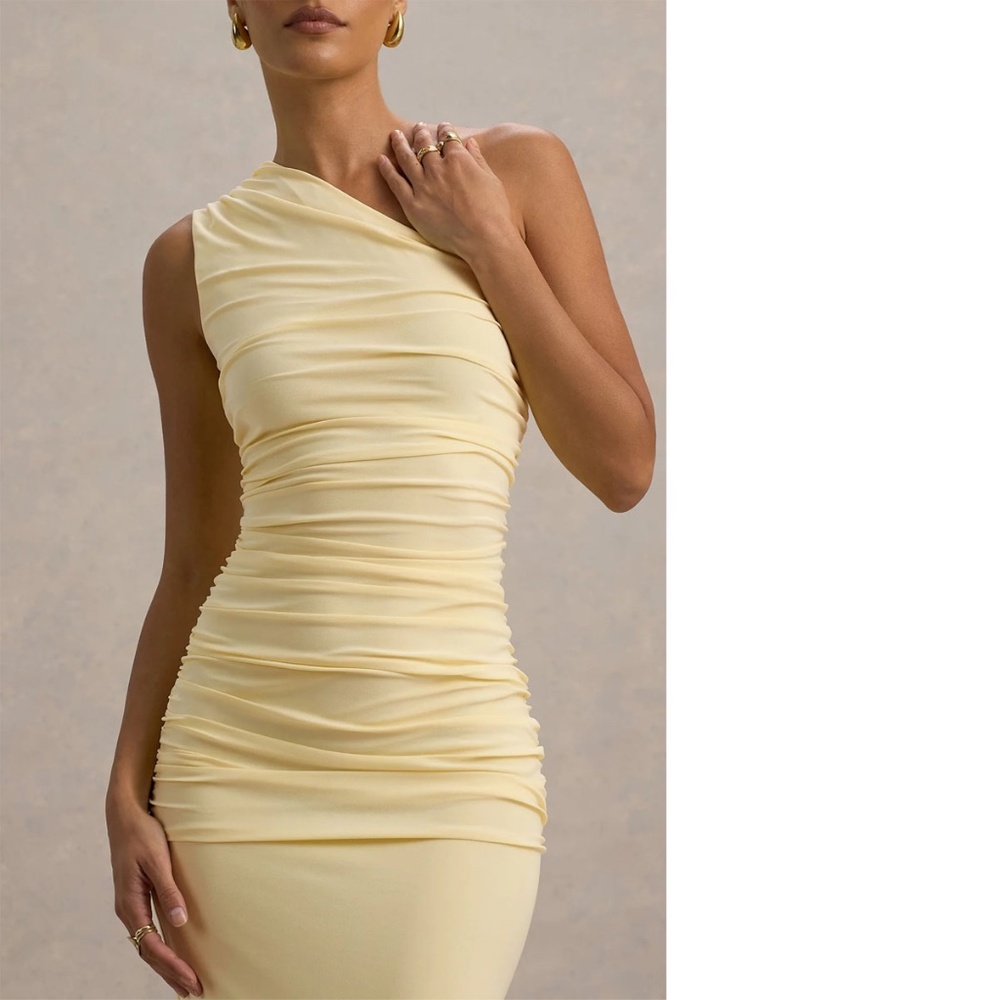 NEVER BEEN WORN! Club London DALARIE Pale Lemon One-Shoulder Gathered Maxi Dress - Picture 2 of 4